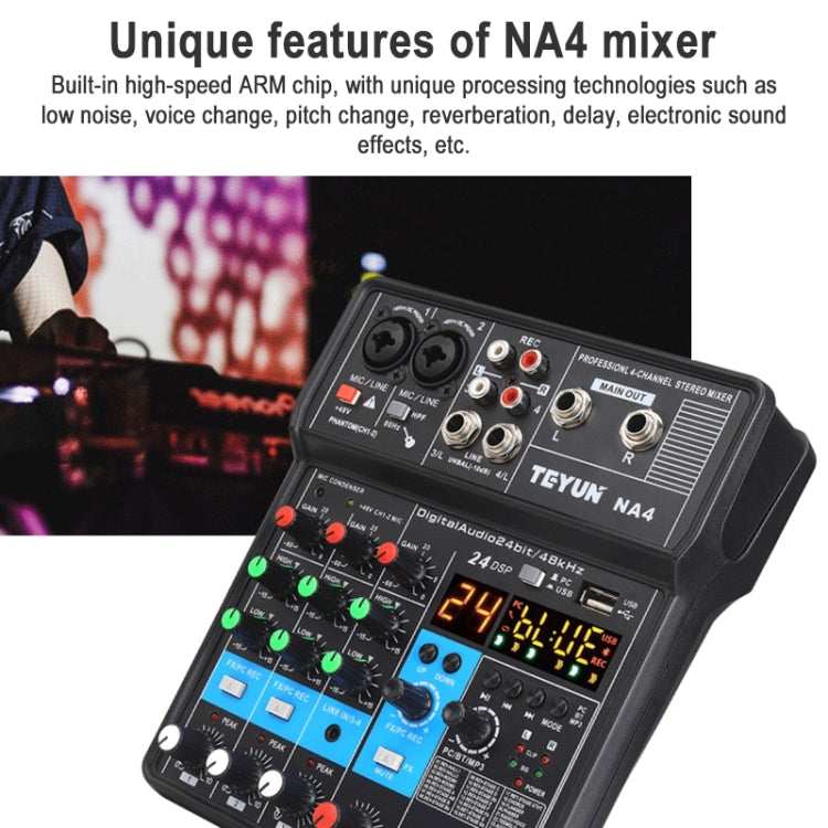 TEYUN NA4 4-channel Small Mixing Console Mobile Phone Sound Card Live Broadcast Computer Recording Console Processor, EU Plug(Black) - Consumer Electronics by TEYUN | Online Shopping UK | buy2fix