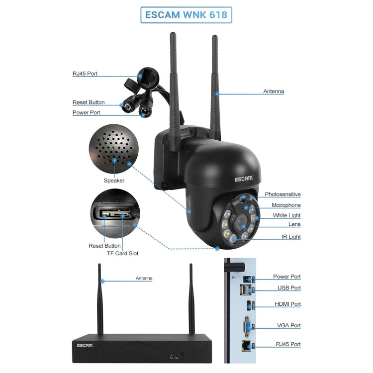 ESCAM WNK618 3.0 Million Pixels 8-channel Wireless Dome Camera HD NVR Security System, Support Motion Detection & Two-way Audio & Full-color Night Vision & TF Card, US Plug - Security by ESCAM | Online Shopping UK | buy2fix