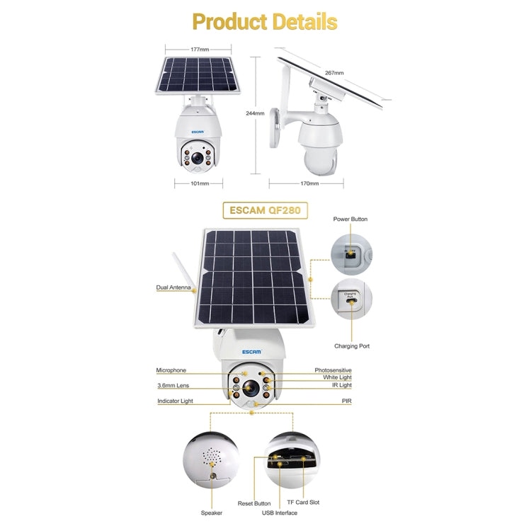 ESCAM QF280 HD 1080P IP66 Waterproof WiFi Solar Panel PT IP Camera without Battery, Support Night Vision / Motion Detection / TF Card / Two Way Audio (White) - Security by ESCAM | Online Shopping UK | buy2fix