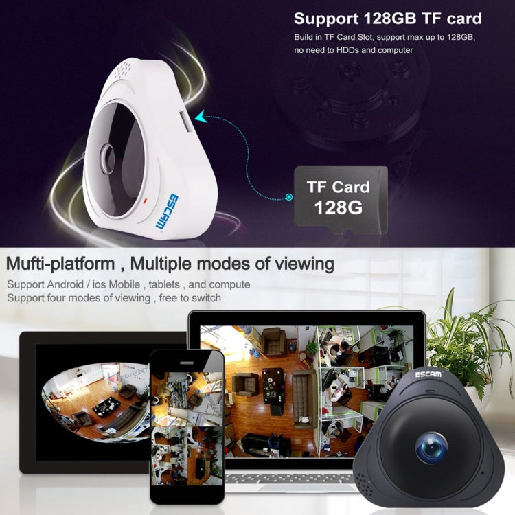 ESCAM Q8 960P 360 Degrees Fisheye Lens 1.3MP WiFi IP Camera, Support Motion Detection / Night Vision, IR Distance: 5-10m, UK Plug(White) - Security by ESCAM | Online Shopping UK | buy2fix