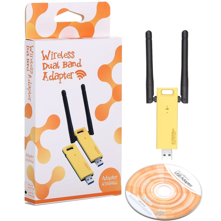 AC1200Mbps 2.4GHz & 5GHz Dual Band USB 3.0 WiFi Adapter External Network Card with 2 External Antenna(Yellow) - USB Network Adapter by buy2fix | Online Shopping UK | buy2fix