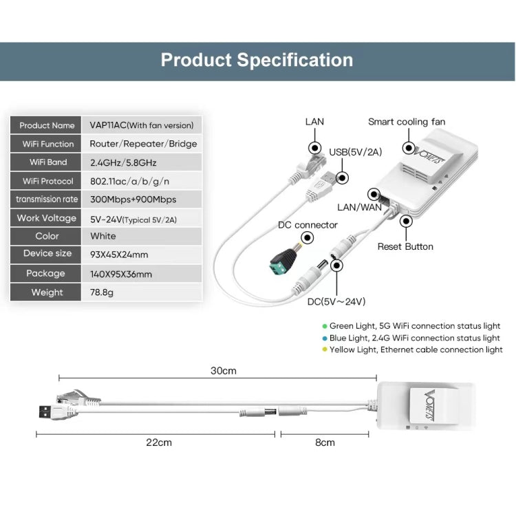 VONETS VAP11AC 5G / 2.4G Mini Wireless Bridge with Fan Version 300Mbps + 900Mbps WiFi Repeater, Support Video Surveillance & Control(White) - Network Hardware by VONETS | Online Shopping UK | buy2fix