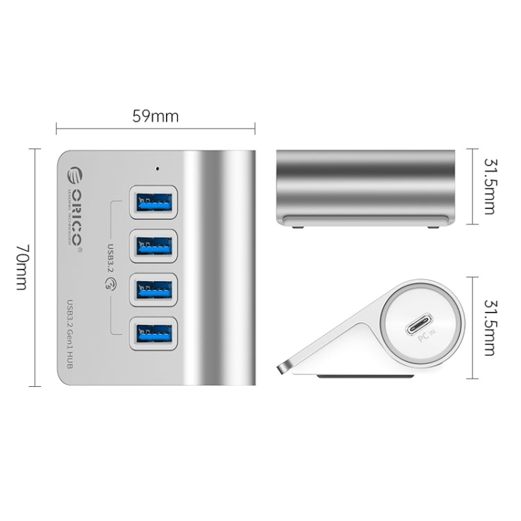 ORICO M3U4 Aluminum Alloy 4-Port USB 3.2 Gen1 5Gbps HUB (Silver) -  by ORICO | Online Shopping UK | buy2fix