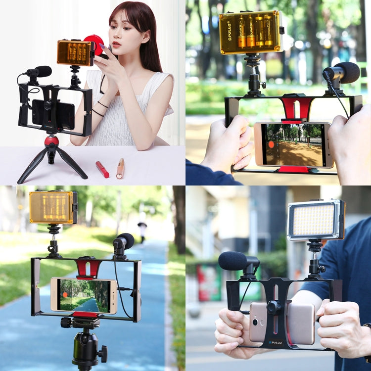 PULUZ 3 in 1 Vlogging Live Broadcast LED Selfie Light Smartphone Video Rig Kits with Microphone + Cold Shoe Tripod Head for iPhone, Galaxy, Huawei, Xiaomi, HTC, LG, Google, and Other Smartphones(Red) - Camera Cage by PULUZ | Online Shopping UK | buy2fix