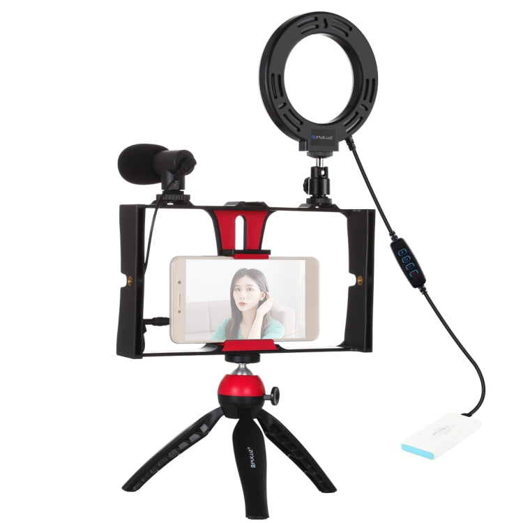 PULUZ 4 in 1 Vlogging Live Broadcast Smartphone Video Rig + 4.7 inch 12cm Ring LED Selfie Light Kits with Microphone + Tripod Mount + Cold Shoe Tripod Head for iPhone, Galaxy, Huawei, Xiaomi, HTC, LG, Google, and Other Smartphones(Red) - Camera Cage by PULUZ | Online Shopping UK | buy2fix