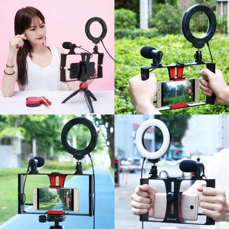 PULUZ 4 in 1 Vlogging Live Broadcast Smartphone Video Rig + 4.7 inch 12cm Ring LED Selfie Light Kits with Microphone + Tripod Mount + Cold Shoe Tripod Head for iPhone, Galaxy, Huawei, Xiaomi, HTC, LG, Google, and Other Smartphones(Red) - Camera Cage by PULUZ | Online Shopping UK | buy2fix