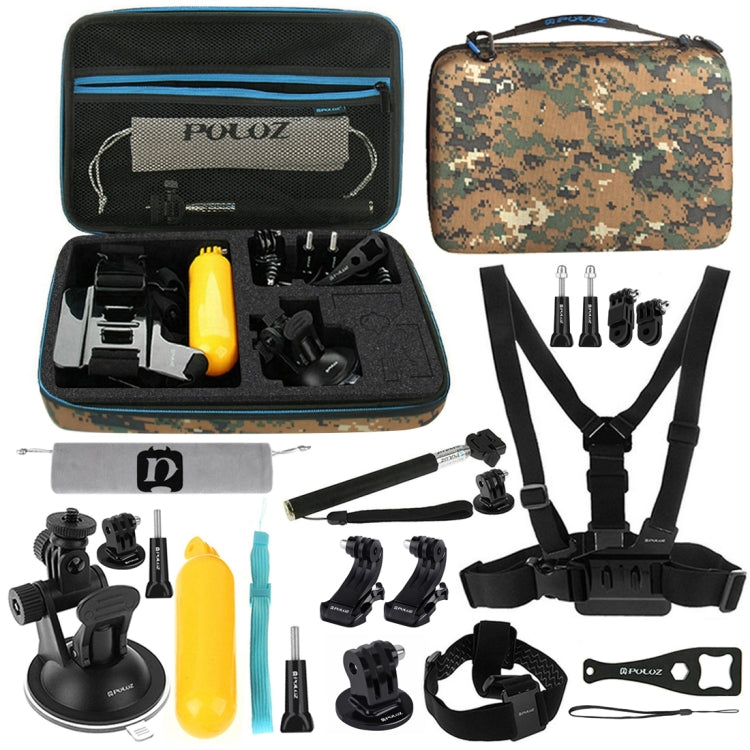 PULUZ 20 in 1 Accessories Combo Kit with Camouflage EVA Case (Chest Strap + Head Strap + Suction Cup Mount + 3-Way Pivot Arm + J-Hook Buckles + Extendable Monopod + Tripod Adapter + Bobber Hand Grip + ...  for GoPro, Insta360, DJI and Other Action Cameras -  by PULUZ | Online Shopping UK | buy2fix