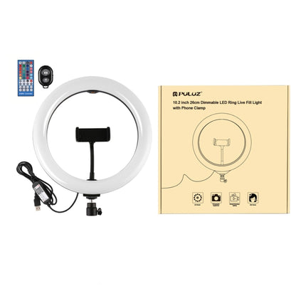 PULUZ 10.2 inch 26cm Curved Surface USB RGBW Dimmable LED Ring Vlogging Photography Video Lights with Tripod Ball Head & Remote Control & Phone Clamp(Black) - Ring Light by PULUZ | Online Shopping UK | buy2fix