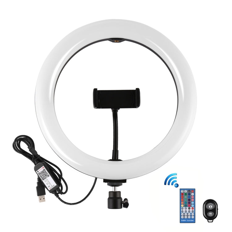 PULUZ 10.2 inch 26cm Curved Surface USB RGBW Dimmable LED Ring Vlogging Photography Video Lights with Tripod Ball Head & Remote Control & Phone Clamp(Black) - Ring Light by PULUZ | Online Shopping UK | buy2fix