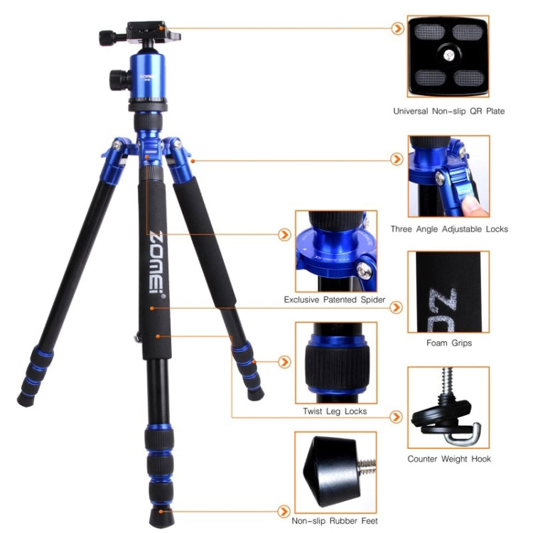 ZOMEI Z888 Portable Professional Travel Aluminium Tripod Monopod with Ball Head for Digital Camera(Blue) - Camera Accessories by ZOMEI | Online Shopping UK | buy2fix