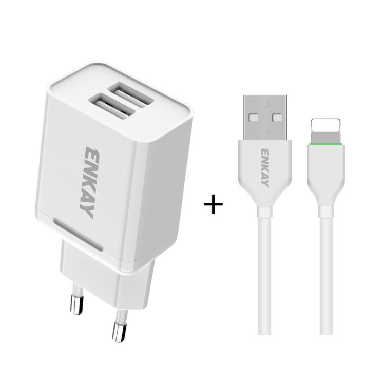 ENKAY Hat-Prince T003-1 10.5W 2.1A Dual USB Charging EU Plug Travel Power Adapter With 2.1A 1m 8 Pin Cable - USB Charger by ENKAY | Online Shopping UK | buy2fix