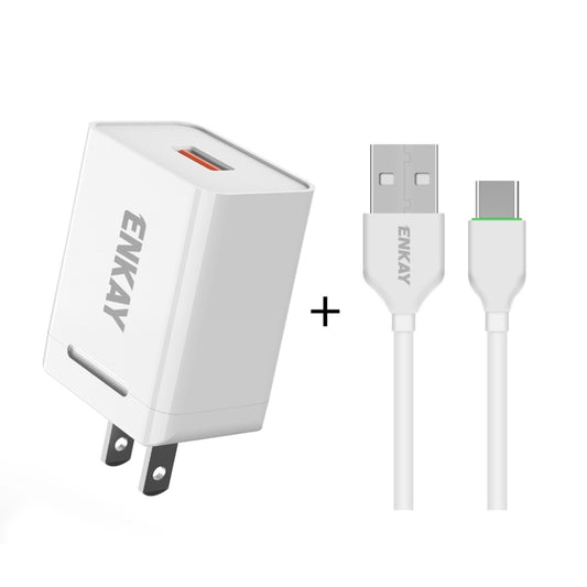 ENKAY Hat-Prince U036 18W 3A QC3.0 Fast Charging Power Adapter US Plug Portable Travel Charger With 3A 1m Type-C Cable - Mobile Accessories by ENKAY | Online Shopping UK | buy2fix