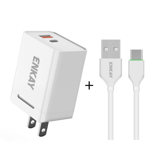 ENKAY Hat-Prince U033 18W 3A PD + QC3.0 Dual USB Fast Charging Power Adapter US Plug Portable Travel Charger With 1m 3A Type-C Cable - USB Charger by ENKAY | Online Shopping UK | buy2fix