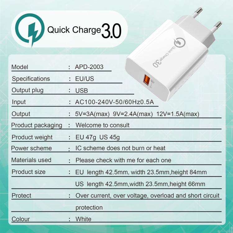 APD-2003 18W QC3.0 Single Port USB Travel Charger for Mobile Phone / Tablet(EU Plug) - Mobile Accessories by buy2fix | Online Shopping UK | buy2fix