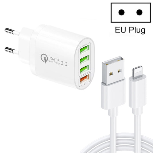 QC-04 QC3.0 + 3 x USB2.0 Multi-ports Charger with 3A USB to 8 Pin Data Cable, EU Plug(White) - USB Charger by buy2fix | Online Shopping UK | buy2fix