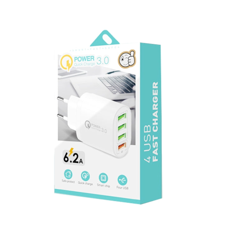 QC-04 QC3.0 + 3 x USB2.0 Multi-ports Charger with 3A USB to 8 Pin Data Cable, EU Plug(White) - USB Charger by buy2fix | Online Shopping UK | buy2fix