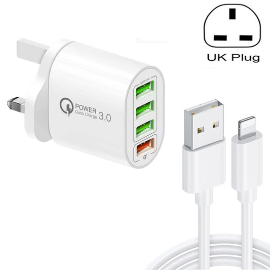 QC-04 QC3.0 + 3 x USB2.0 Multi-ports Charger with 3A USB to 8 Pin Data Cable, UK Plug(White) - Apple Accessories by buy2fix | Online Shopping UK | buy2fix