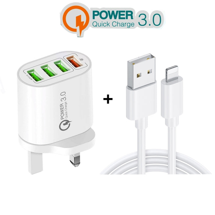 QC-04 QC3.0 + 3 x USB2.0 Multi-ports Charger with 3A USB to 8 Pin Data Cable, UK Plug(White) - Apple Accessories by buy2fix | Online Shopping UK | buy2fix