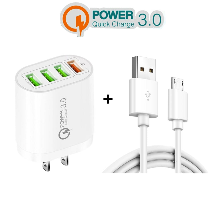 QC-04 QC3.0 + 3 x USB2.0 Multi-ports Charger with 3A USB to Micro USB Data Cable, US Plug(White) - Mobile Accessories by buy2fix | Online Shopping UK | buy2fix