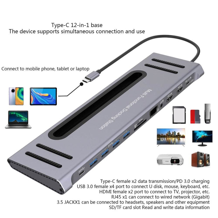 12-in-1 Type-C to PD+HDMI x 2+3.5mm+RJ45+SD/TF+USB3.0x4+Type-C HUB Docking Station - Computer & Networking by buy2fix | Online Shopping UK | buy2fix