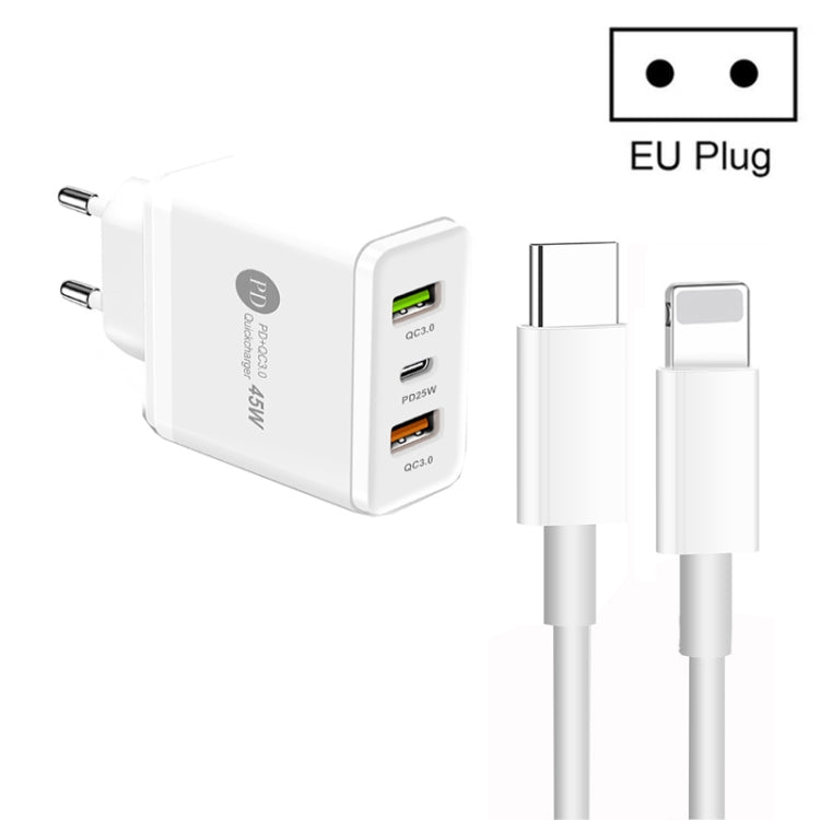 45W PD3.0 + 2 x QC3.0 USB Multi Port Charger with Type-C to 8 Pin Cable, EU Plug(White) - Apple Accessories by buy2fix | Online Shopping UK | buy2fix