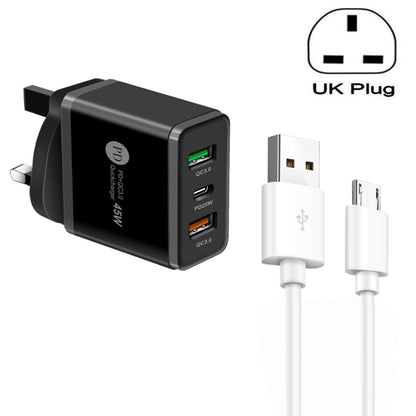 45W PD25W + 2 x QC3.0 USB Multi Port Charger with USB to Micro USB Cable, UK Plug(Black) - Mobile Accessories by buy2fix | Online Shopping UK | buy2fix