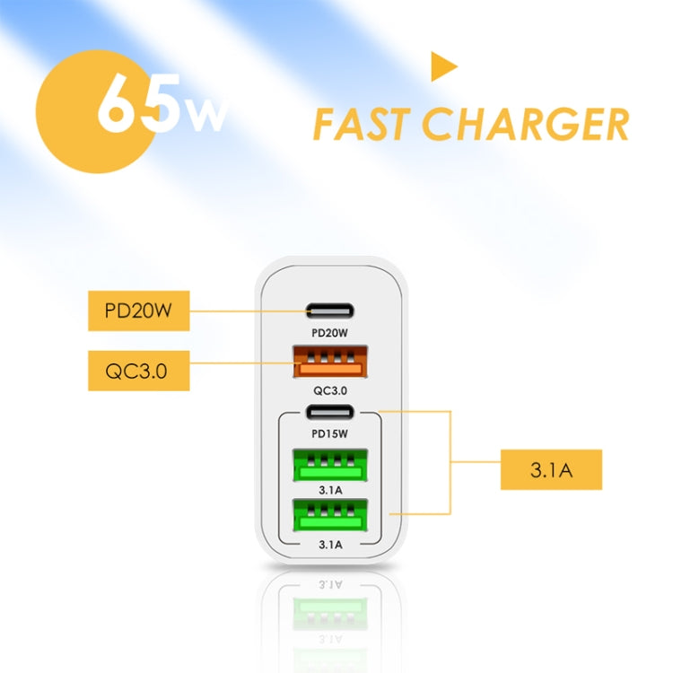 65W Dual PD Type-C + 3 x USB Multi Port Charger with 3A Type-C to Type-C Data Cable, UK Plug(White) - Mobile Accessories by buy2fix | Online Shopping UK | buy2fix