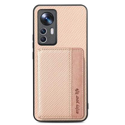 For Xiaomi 12T Carbon Fiber Magnetic Card Bag Phone Case(Khaki) - Xiaomi Cases by buy2fix | Online Shopping UK | buy2fix