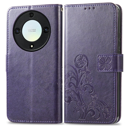 For Honor Magic5 Lite Four-leaf Clasp Embossed Buckle Leather Phone Case(Purple) - Honor Cases by buy2fix | Online Shopping UK | buy2fix