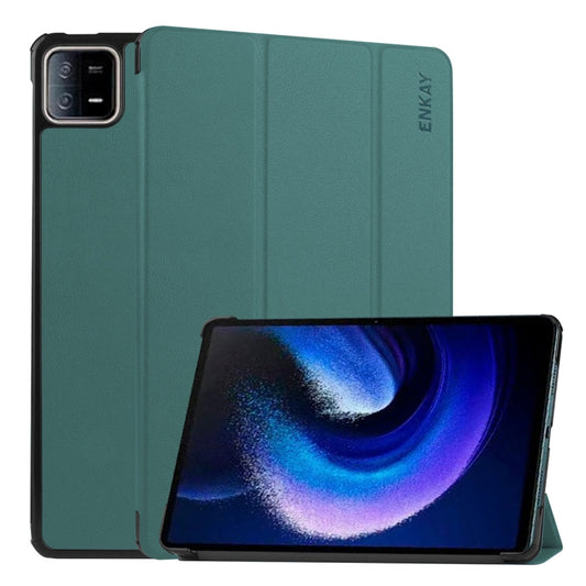 For Xiaomi Pad 6 / Pad 6 Pro ENKAY Tri-fold Custer Texture Leather Stand Smart Case(Dark Green) -  by ENKAY | Online Shopping UK | buy2fix