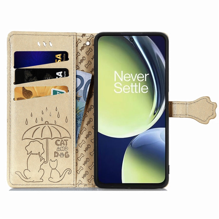 For OnePlus Nord CE 3 Lite Cat and Dog Embossed Leather Phone Case(Gold) - OnePlus Cases by buy2fix | Online Shopping UK | buy2fix