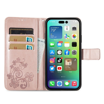 For iPhone 15 Four-leaf Clasp Embossed Buckle Leather Phone Case(Rose Gold) - iPhone 15 Cases by buy2fix | Online Shopping UK | buy2fix