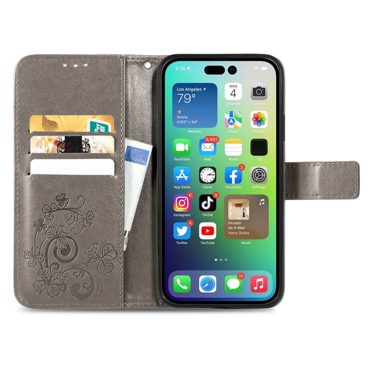 For iPhone 15 Pro Max Four-leaf Clasp Embossed Buckle Leather Phone Case(Gray) - iPhone 15 Pro Max Cases by buy2fix | Online Shopping UK | buy2fix