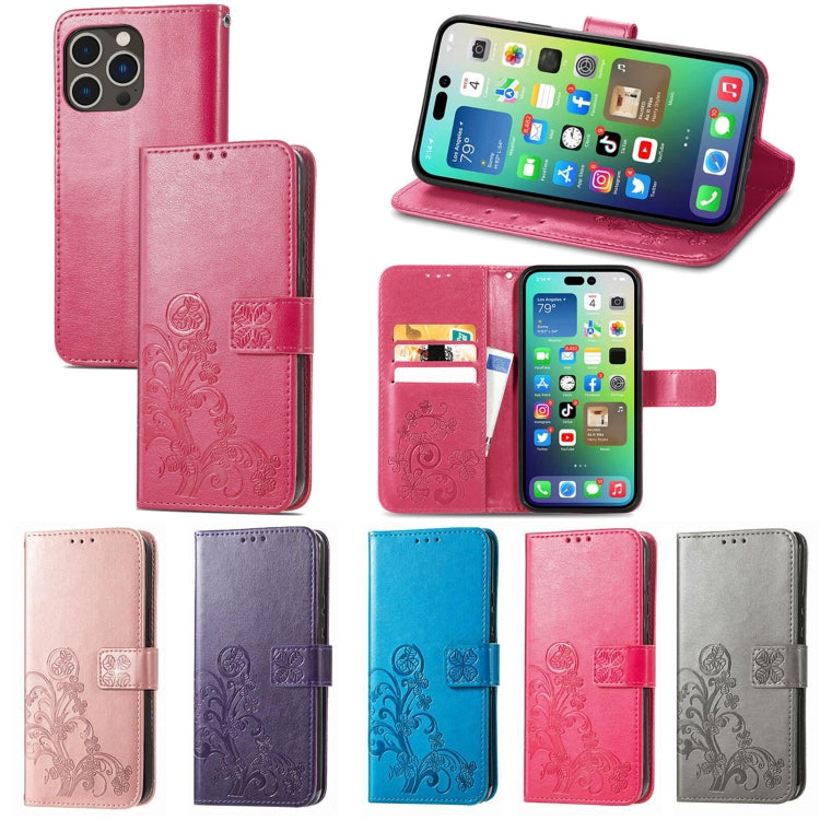 For iPhone 15 Pro Max Four-leaf Clasp Embossed Buckle Leather Phone Case(Magengta) - iPhone 15 Pro Max Cases by buy2fix | Online Shopping UK | buy2fix