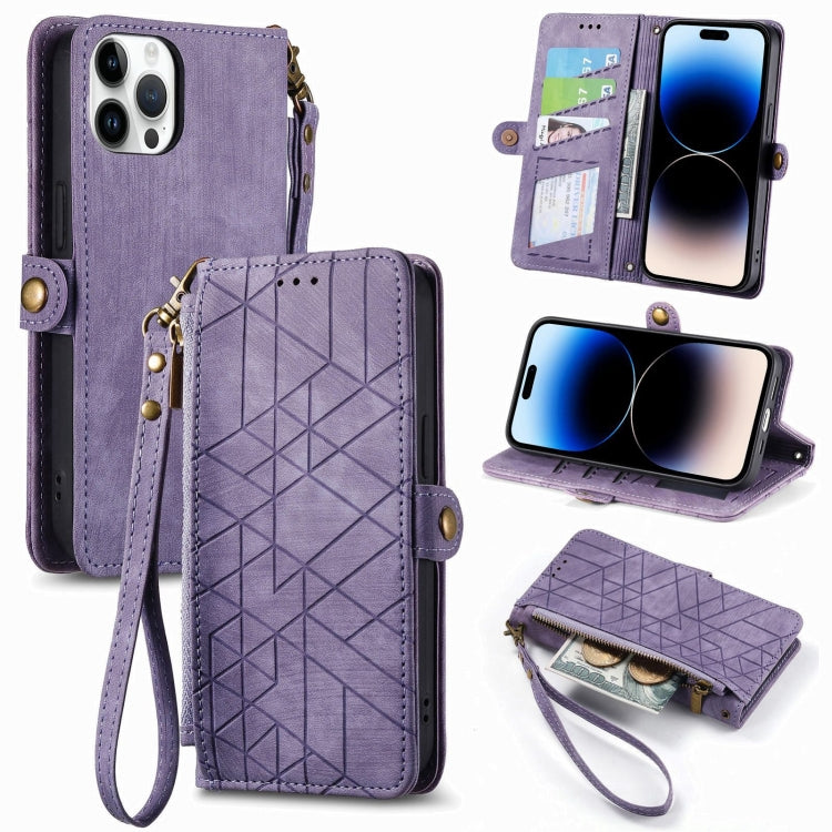 For iPhone 15 Pro Geometric Zipper Wallet Side Buckle Leather Phone Case(Purple) - iPhone 15 Pro Cases by buy2fix | Online Shopping UK | buy2fix