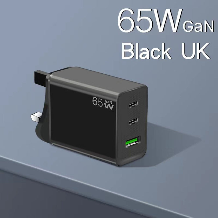 GaN PD65W Type-C x 2 + USB3.0 Charger with Type-C to Type-C Data Cable ,UK Plug(Black) - USB Charger by buy2fix | Online Shopping UK | buy2fix