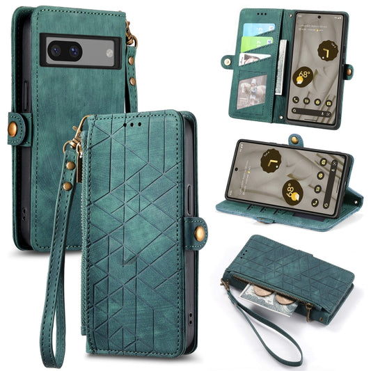 For Google Pixel 6A Geometric Zipper Wallet Side Buckle Leather Phone Case(Green) - Google Cases by buy2fix | Online Shopping UK | buy2fix