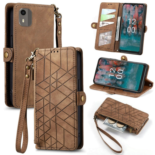 For Nokia C12 Geometric Zipper Wallet Side Buckle Leather Phone Case(Brown) - Nokia Cases by buy2fix | Online Shopping UK | buy2fix