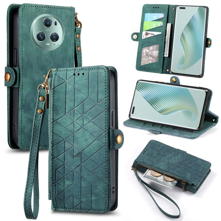 For Honor Magic5 Pro Geometric Zipper Wallet Side Buckle Leather Phone Case(Green) - Honor Cases by buy2fix | Online Shopping UK | buy2fix