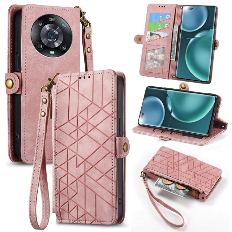 For Honor Magic4 Geometric Zipper Wallet Side Buckle Leather Phone Case(Pink) - Honor Cases by buy2fix | Online Shopping UK | buy2fix