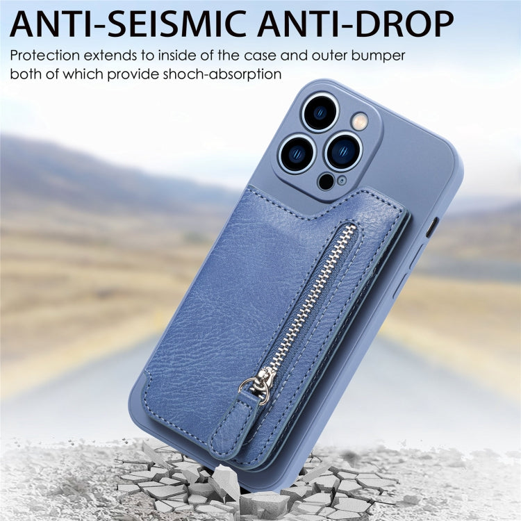 For iPhone 15 Pro Max Zipper Wallet Leather Back Shockproof Phone Case(Blue) - iPhone 15 Pro Max Cases by buy2fix | Online Shopping UK | buy2fix