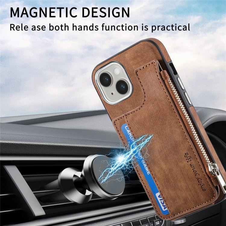 For iPhone 15 Pro Max Magsafe Zipper RFID Wallet All-inclusive Shockrpoof Phone Case(Brown) - iPhone 15 Pro Max Cases by buy2fix | Online Shopping UK | buy2fix