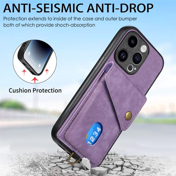 For iPhone 15 Pro Max Retro Card Wallet Fold Leather Phone Case with Strap(Purple) - iPhone 15 Pro Max Cases by buy2fix | Online Shopping UK | buy2fix