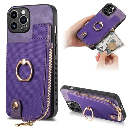 For iPhone 15 Pro Max Cross Leather Ring Vertical Zipper Wallet Back Phone Case(Purple) - iPhone 15 Pro Max Cases by buy2fix | Online Shopping UK | buy2fix