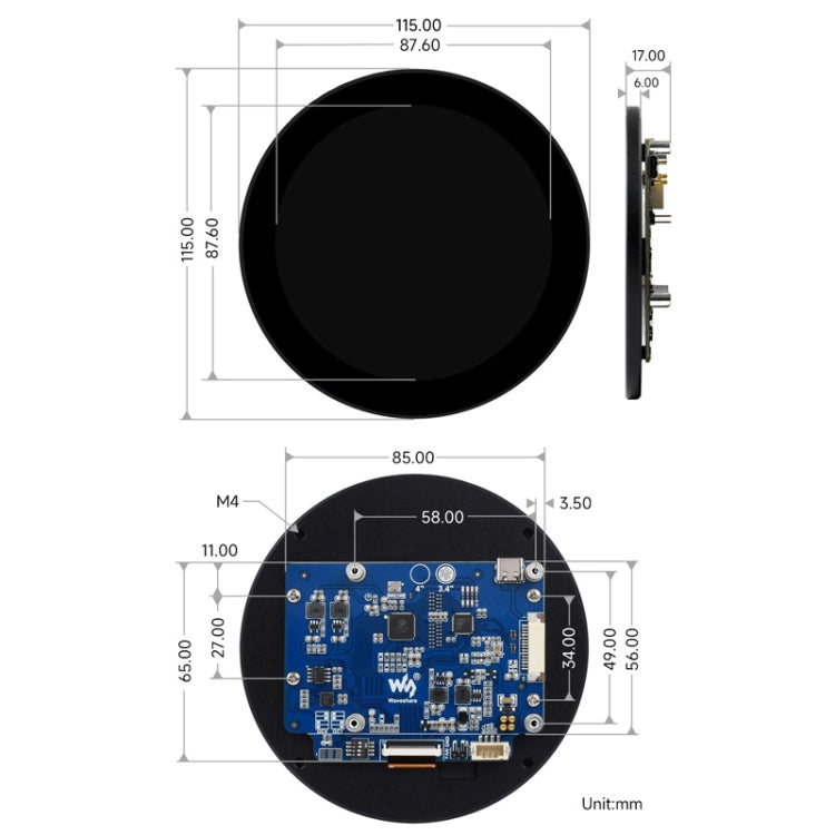 Waveshare 3.4 inch DSI Round Touch Display, 800 × 800, IPS, 10-Point Touch - Consumer Electronics by Waveshare | Online Shopping UK | buy2fix