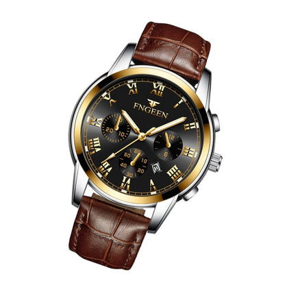 FNGEEN 4006 Men Trendy Waterproof Quartz Watch(Brown Leather Gold Black Surface) - Outdoor & Sports by FNGEEN | Online Shopping UK | buy2fix