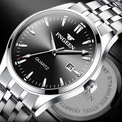 FNGEEN 2111 Men Simple Luminous Calendar Quartz Watch(White Steel White Surface) - Metal Strap Watches by FNGEEN | Online Shopping UK | buy2fix