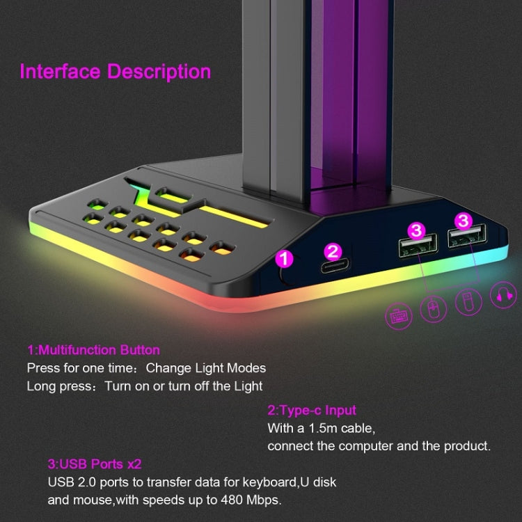 Dual USB RGB Color Changing Gaming Headset Stand(Black) - Headset Stand by buy2fix | Online Shopping UK | buy2fix