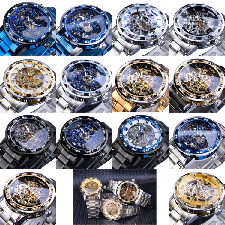 Winner Leisure Skeleton Diamond Luminous Pointer Watch Men Manual Mechanical Watch(Silver Belt Gold Shell White Face) - Metal Strap Watches by Winner | Online Shopping UK | buy2fix