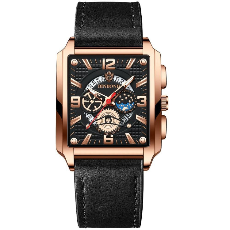 BINBOND B6575 Men Vintage Square Multifunctional Luminous Quartz Watch, Color: Black Leather-Rose Gold-Black - Metal Strap Watches by BINBOND | Online Shopping UK | buy2fix